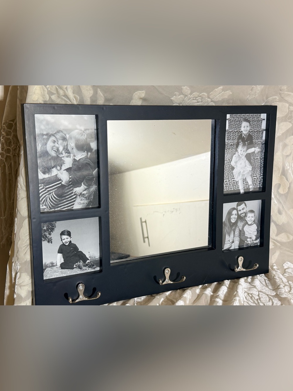 Black Wall-Mounted Photo Frame Mirror with Hooks